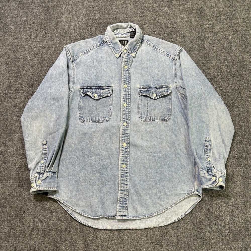 Vintage GAP Shirt Mens Medium Denim Button Down Long Sleeve 90s Work Blue